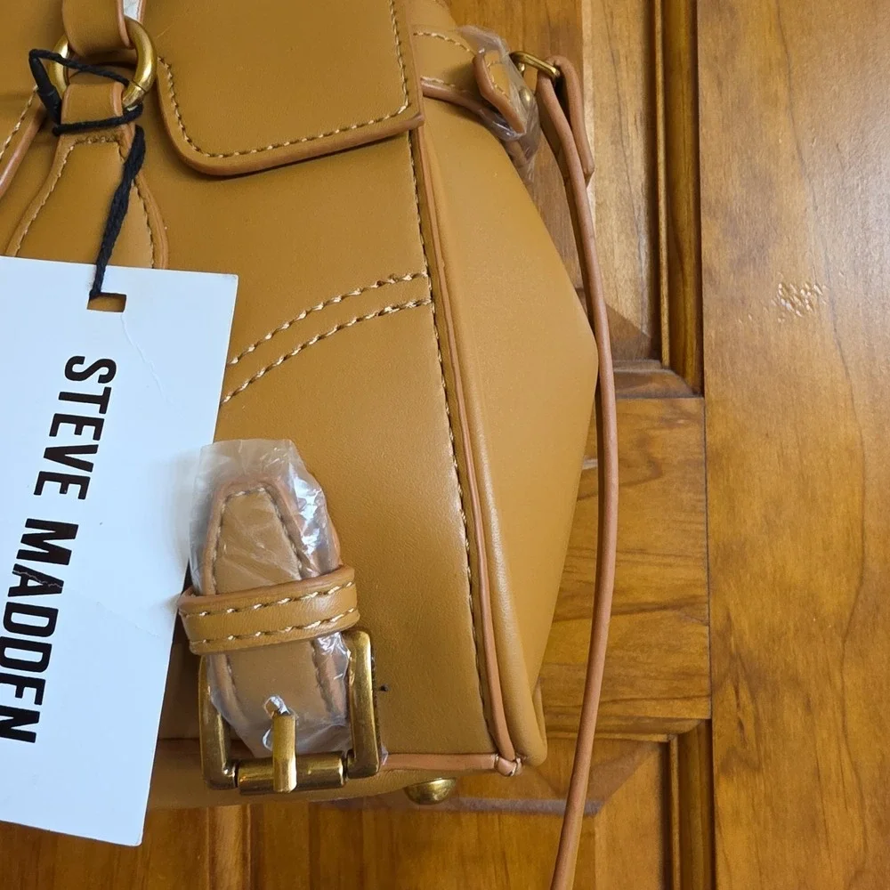 Steve Madden Medium Satchel Handbag Women Tan Faux Leather Gold Hardware New